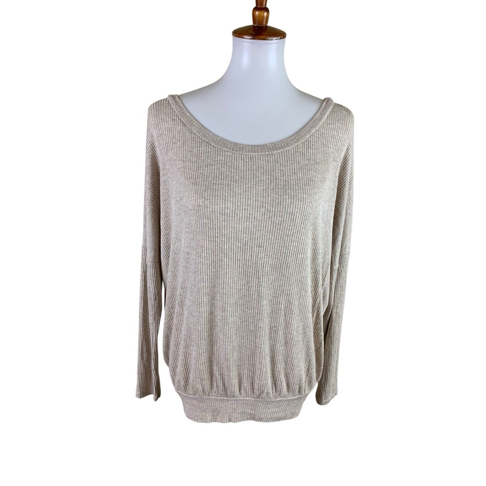 Eberjey Beige Ribbed Dolman Top S Cozy Minimalist Quiet Luxury Lounge Pajama Top
